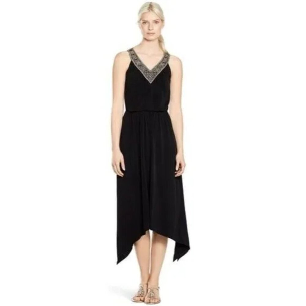 WHITE HOUSE BLACK MARKET BLACK V-NECK SEQUINED CASUAL MIDI DRESS SIZE: S NWT